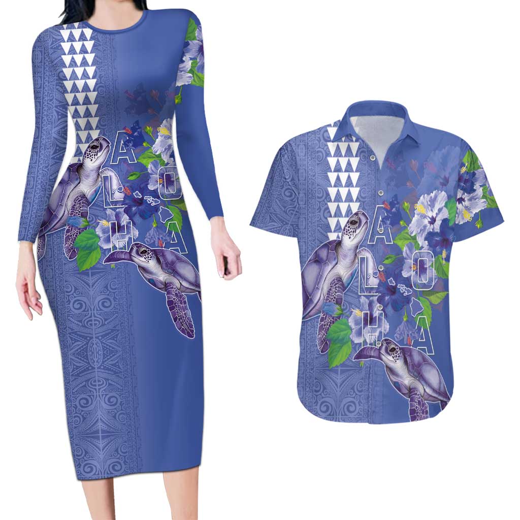 Hawaii Aloha Turtle Hibiscus and Leaves Couples Matching Long Sleeve Bodycon Dress and Hawaiian Shirt with Polynesian and Kakau Tattoos Denim Color - Polynesian Pride