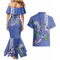 Hawaii Aloha Turtle Hibiscus and Leaves Couples Matching Mermaid Dress and Hawaiian Shirt with Polynesian and Kakau Tattoos Denim Color - Polynesian Pride