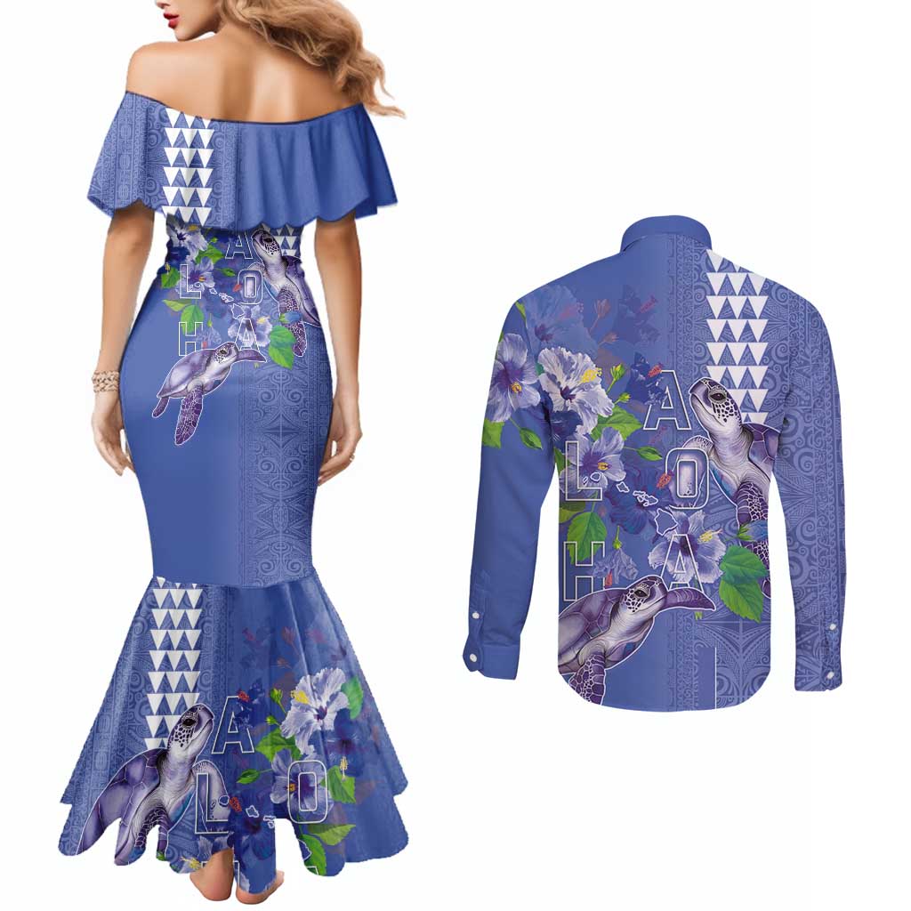 Hawaii Aloha Turtle Hibiscus and Leaves Couples Matching Mermaid Dress and Long Sleeve Button Shirt with Polynesian and Kakau Tattoos Denim Color - Polynesian Pride