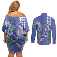Hawaii Aloha Turtle Hibiscus and Leaves Couples Matching Off Shoulder Short Dress and Long Sleeve Button Shirt with Polynesian and Kakau Tattoos Denim Color - Polynesian Pride