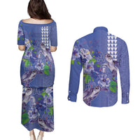 Hawaii Aloha Turtle Hibiscus and Leaves Couples Matching Puletasi and Long Sleeve Button Shirt with Polynesian and Kakau Tattoos Denim Color - Polynesian Pride
