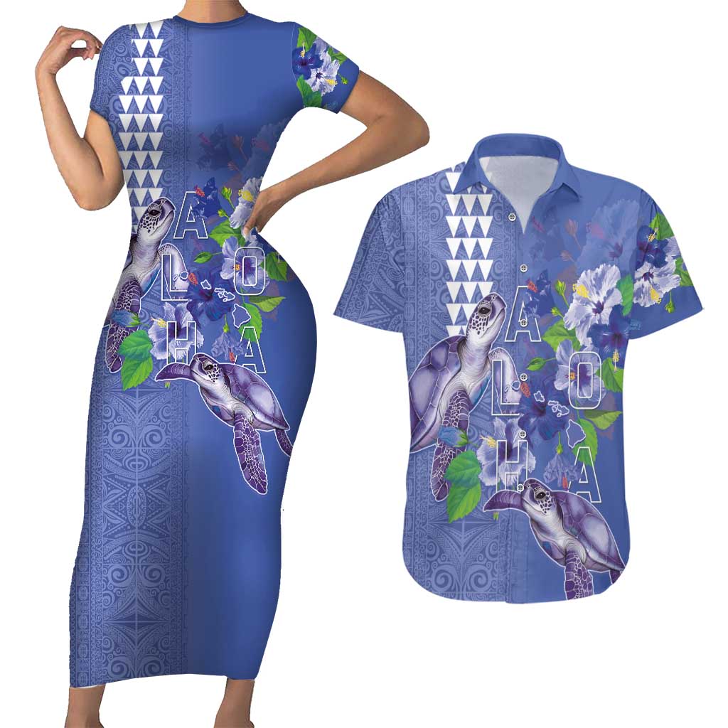 Hawaii Aloha Turtle Hibiscus and Leaves Couples Matching Short Sleeve Bodycon Dress and Hawaiian Shirt with Polynesian and Kakau Tattoos Denim Color - Polynesian Pride