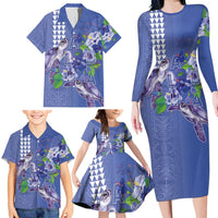 Hawaii Aloha Turtle Hibiscus and Leaves Family Matching Long Sleeve Bodycon Dress and Hawaiian Shirt with Polynesian and Kakau Tattoos Denim Color - Polynesian Pride