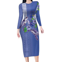 Hawaii Aloha Turtle Hibiscus and Leaves Family Matching Long Sleeve Bodycon Dress and Hawaiian Shirt with Polynesian and Kakau Tattoos Denim Color - Polynesian Pride