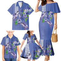 Hawaii Aloha Turtle Hibiscus and Leaves Family Matching Mermaid Dress and Hawaiian Shirt with Polynesian and Kakau Tattoos Denim Color - Polynesian Pride