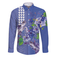 Hawaii Aloha Turtle Hibiscus and Leaves Family Matching Off The Shoulder Long Sleeve Dress and Hawaiian Shirt with Polynesian and Kakau Tattoos Denim Color - Polynesian Pride