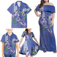 Hawaii Aloha Turtle Hibiscus and Leaves Family Matching Off Shoulder Maxi Dress and Hawaiian Shirt with Polynesian and Kakau Tattoos Denim Color - Polynesian Pride
