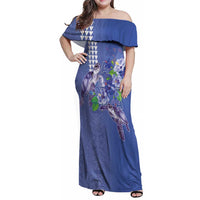Hawaii Aloha Turtle Hibiscus and Leaves Family Matching Off Shoulder Maxi Dress and Hawaiian Shirt with Polynesian and Kakau Tattoos Denim Color - Polynesian Pride