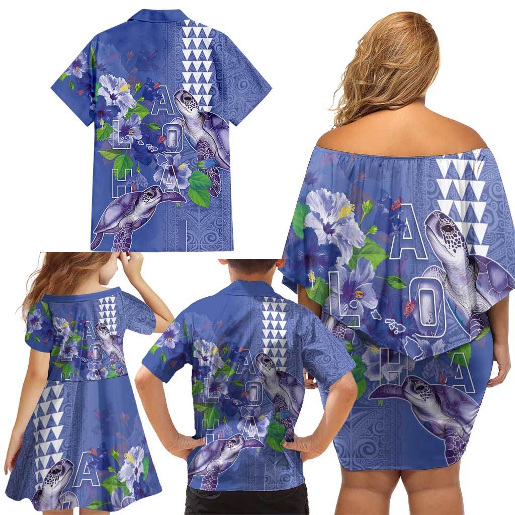 Hawaii Aloha Turtle Hibiscus and Leaves Family Matching Off Shoulder Short Dress and Hawaiian Shirt with Polynesian and Kakau Tattoos Denim Color - Polynesian Pride