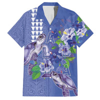Hawaii Aloha Turtle Hibiscus and Leaves Family Matching Off Shoulder Short Dress and Hawaiian Shirt with Polynesian and Kakau Tattoos Denim Color - Polynesian Pride
