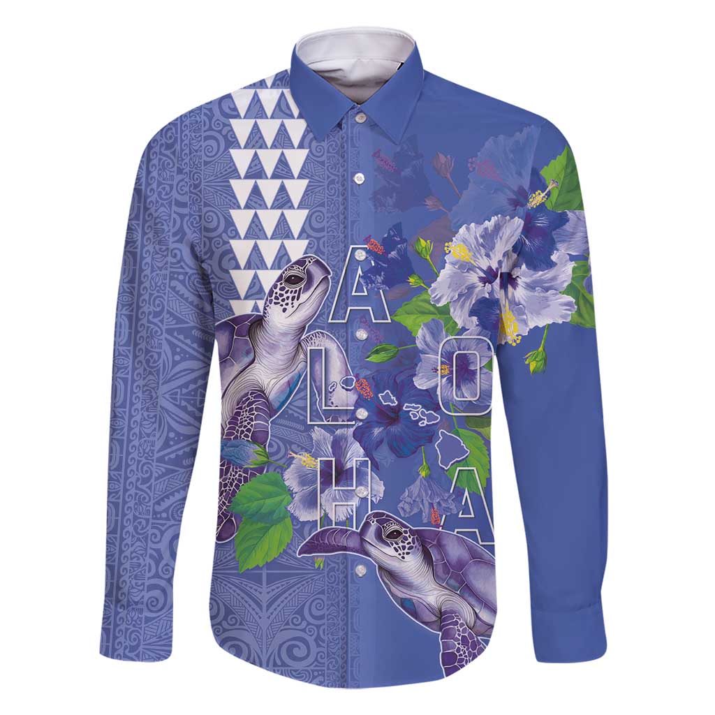 Hawaii Aloha Turtle Hibiscus and Leaves Family Matching Off Shoulder Short Dress and Hawaiian Shirt with Polynesian and Kakau Tattoos Denim Color - Polynesian Pride