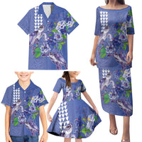 Hawaii Aloha Turtle Hibiscus and Leaves Family Matching Puletasi and Hawaiian Shirt with Polynesian and Kakau Tattoos Denim Color - Polynesian Pride