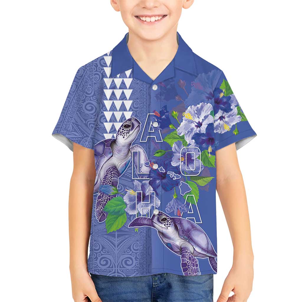Hawaii Aloha Turtle Hibiscus and Leaves Family Matching Puletasi and Hawaiian Shirt with Polynesian and Kakau Tattoos Denim Color - Polynesian Pride