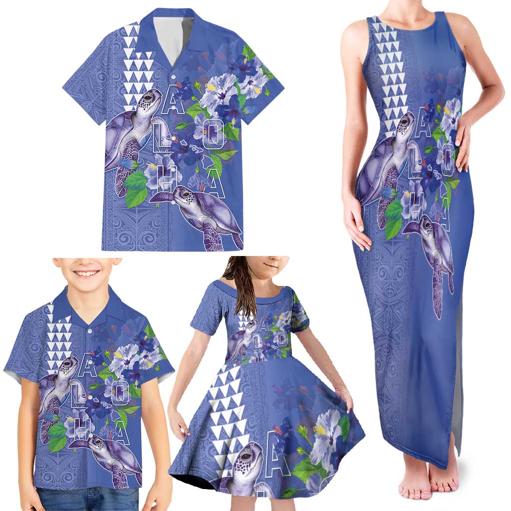 Hawaii Aloha Turtle Hibiscus and Leaves Family Matching Tank Maxi Dress and Hawaiian Shirt with Polynesian and Kakau Tattoos Denim Color - Polynesian Pride