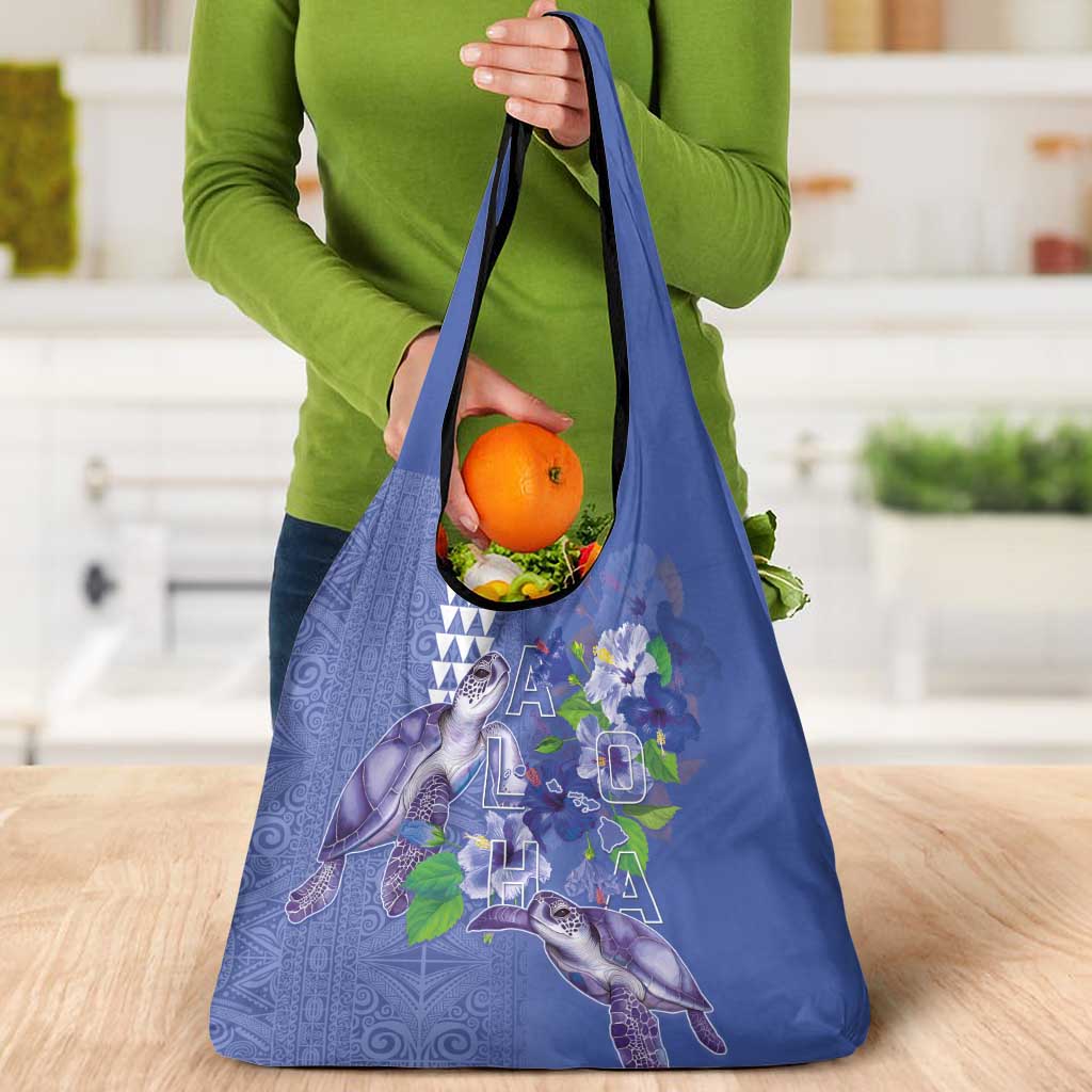 Hawaii Aloha Turtle Hibiscus and Leaves Grocery Bag with Polynesian and Kakau Tattoos Denim Color - Polynesian Pride