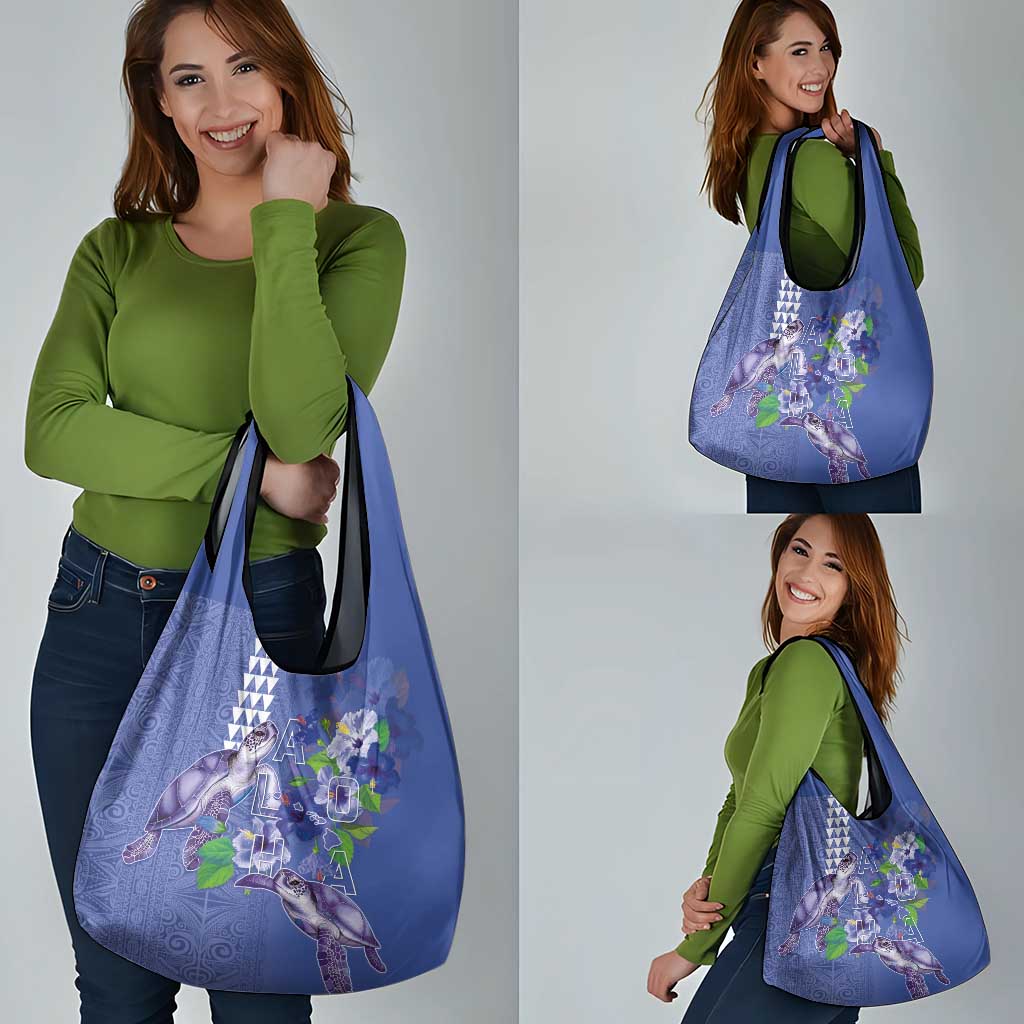 Hawaii Aloha Turtle Hibiscus and Leaves Grocery Bag with Polynesian and Kakau Tattoos Denim Color - Polynesian Pride