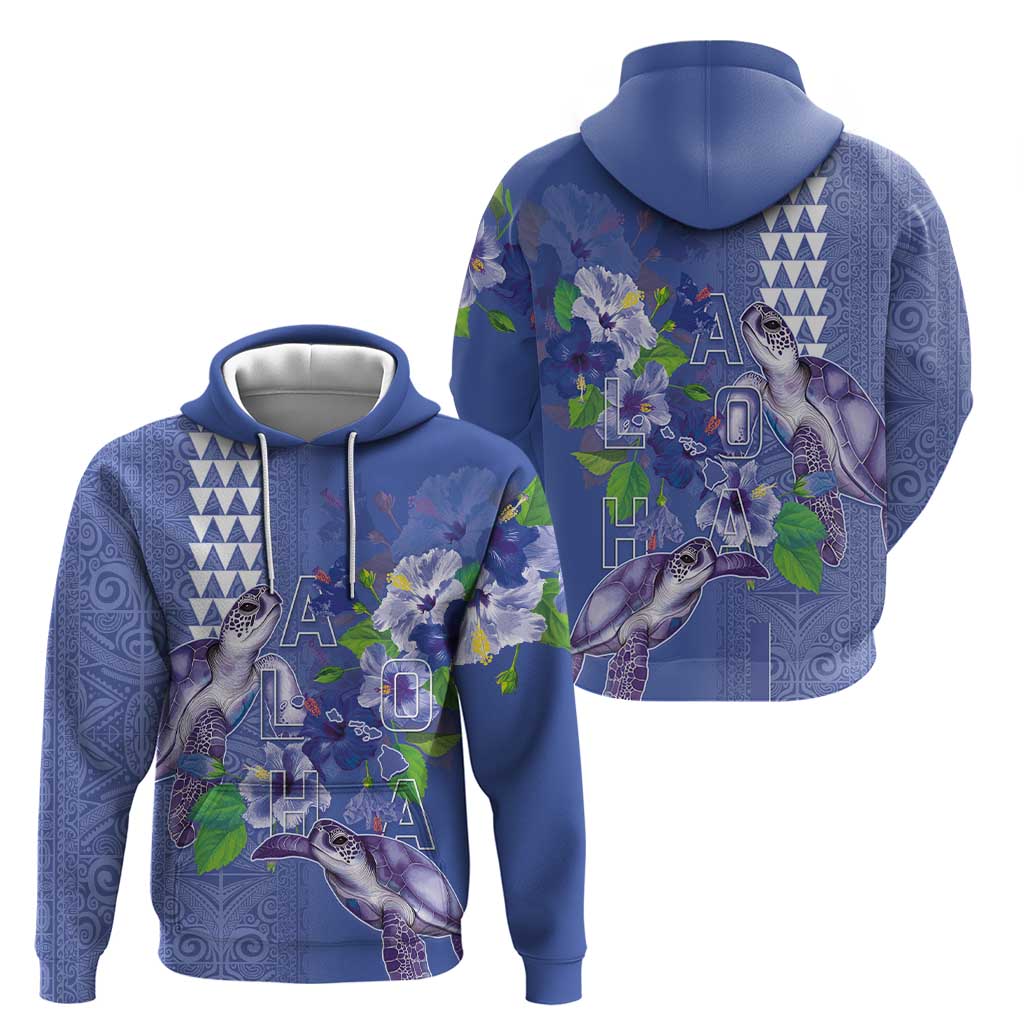 Hawaii Aloha Turtle Hibiscus and Leaves Hoodie with Polynesian and Kakau Tattoos Denim Color - Polynesian Pride