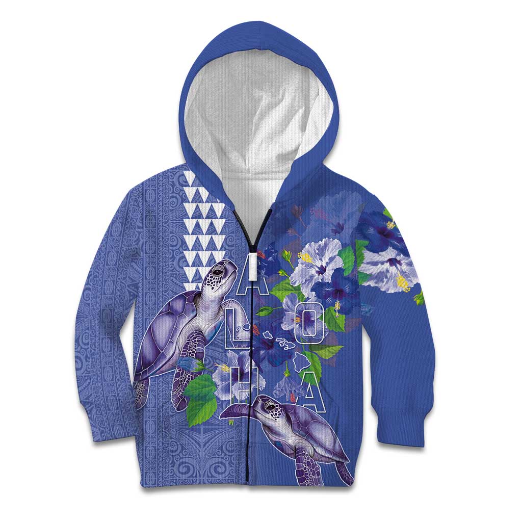 Hawaii Aloha Turtle Hibiscus and Leaves Kid Hoodie with Polynesian and Kakau Tattoos Denim Color - Polynesian Pride