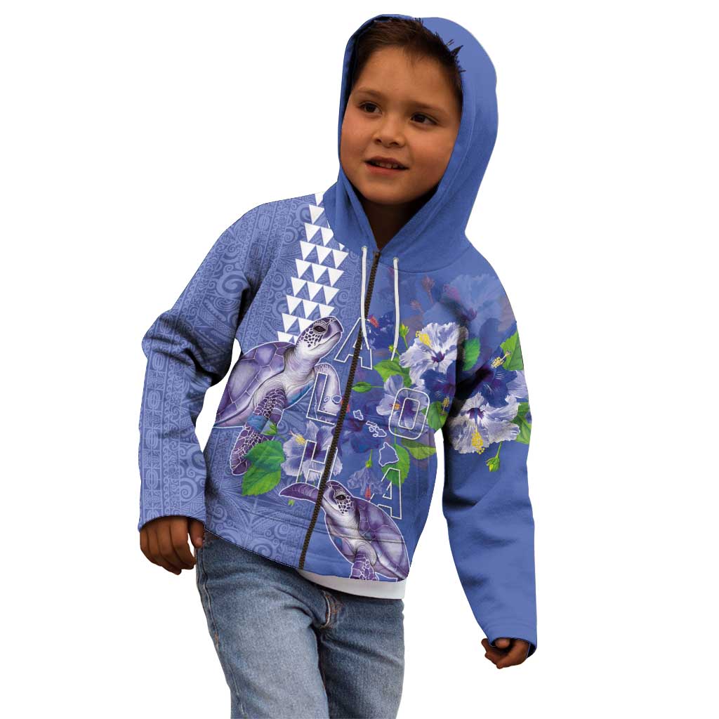 Hawaii Aloha Turtle Hibiscus and Leaves Kid Hoodie with Polynesian and Kakau Tattoos Denim Color - Polynesian Pride