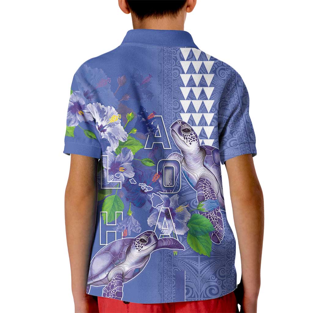 Hawaii Aloha Turtle Hibiscus and Leaves Kid Polo Shirt with Polynesian and Kakau Tattoos Denim Color - Polynesian Pride