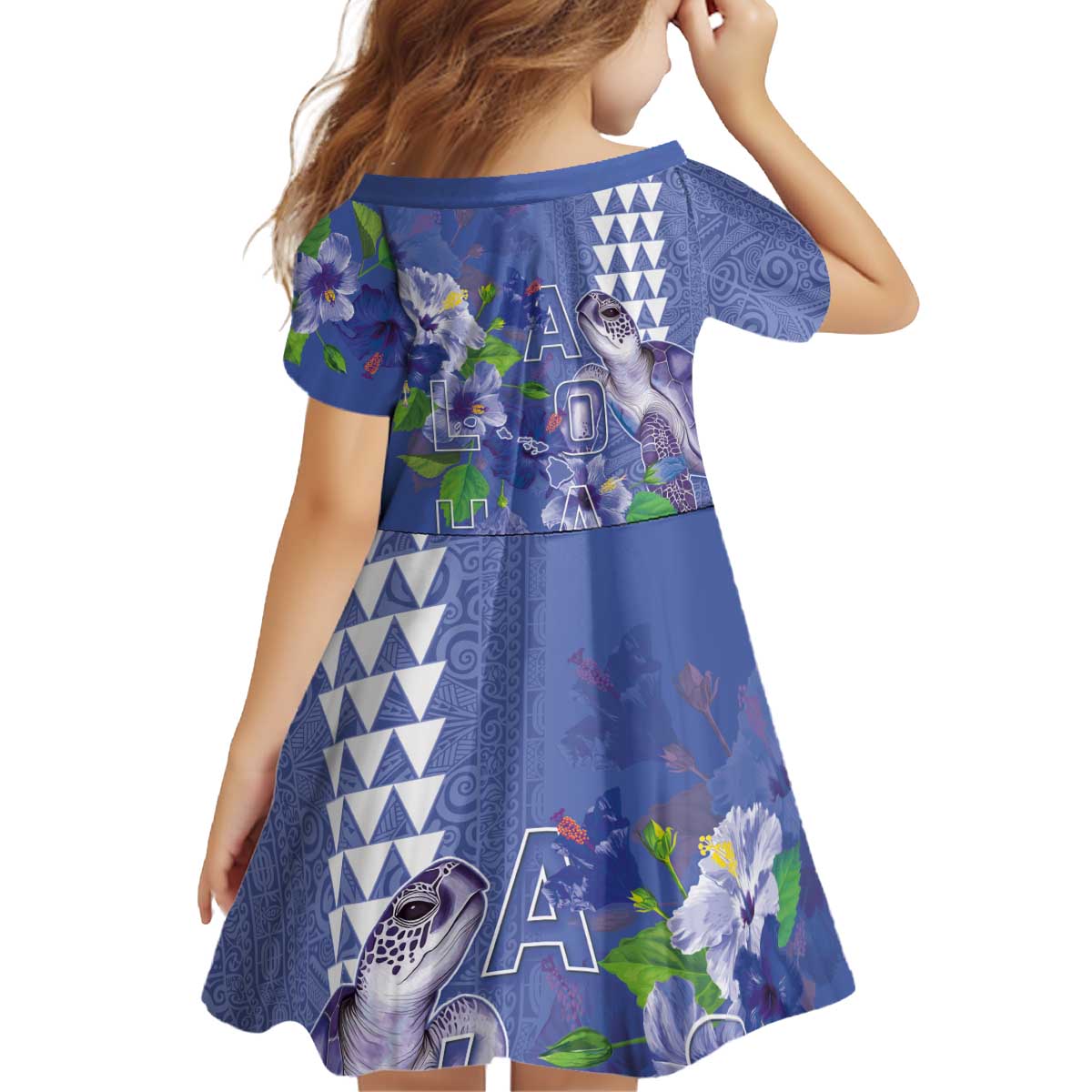 Hawaii Aloha Turtle Hibiscus and Leaves Kid Short Sleeve Dress with Polynesian and Kakau Tattoos Denim Color - Polynesian Pride