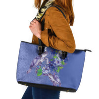 Hawaii Aloha Turtle Hibiscus and Leaves Leather Tote Bag with Polynesian and Kakau Tattoos Denim Color - Polynesian Pride