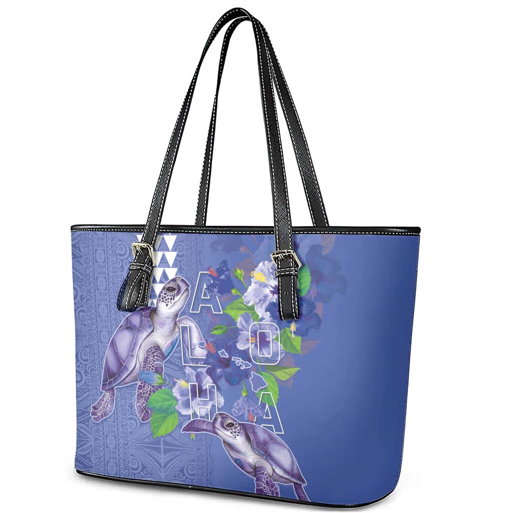 Hawaii Aloha Turtle Hibiscus and Leaves Leather Tote Bag with Polynesian and Kakau Tattoos Denim Color - Polynesian Pride