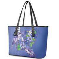 Hawaii Aloha Turtle Hibiscus and Leaves Leather Tote Bag with Polynesian and Kakau Tattoos Denim Color - Polynesian Pride