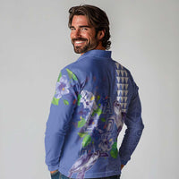 Hawaii Aloha Turtle Hibiscus and Leaves Long Sleeve Polo Shirt with Polynesian and Kakau Tattoos Denim Color - Polynesian Pride