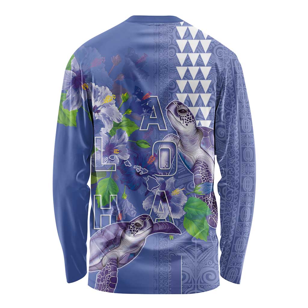 Hawaii Aloha Turtle Hibiscus and Leaves Long Sleeve Shirt with Polynesian and Kakau Tattoos Denim Color - Polynesian Pride