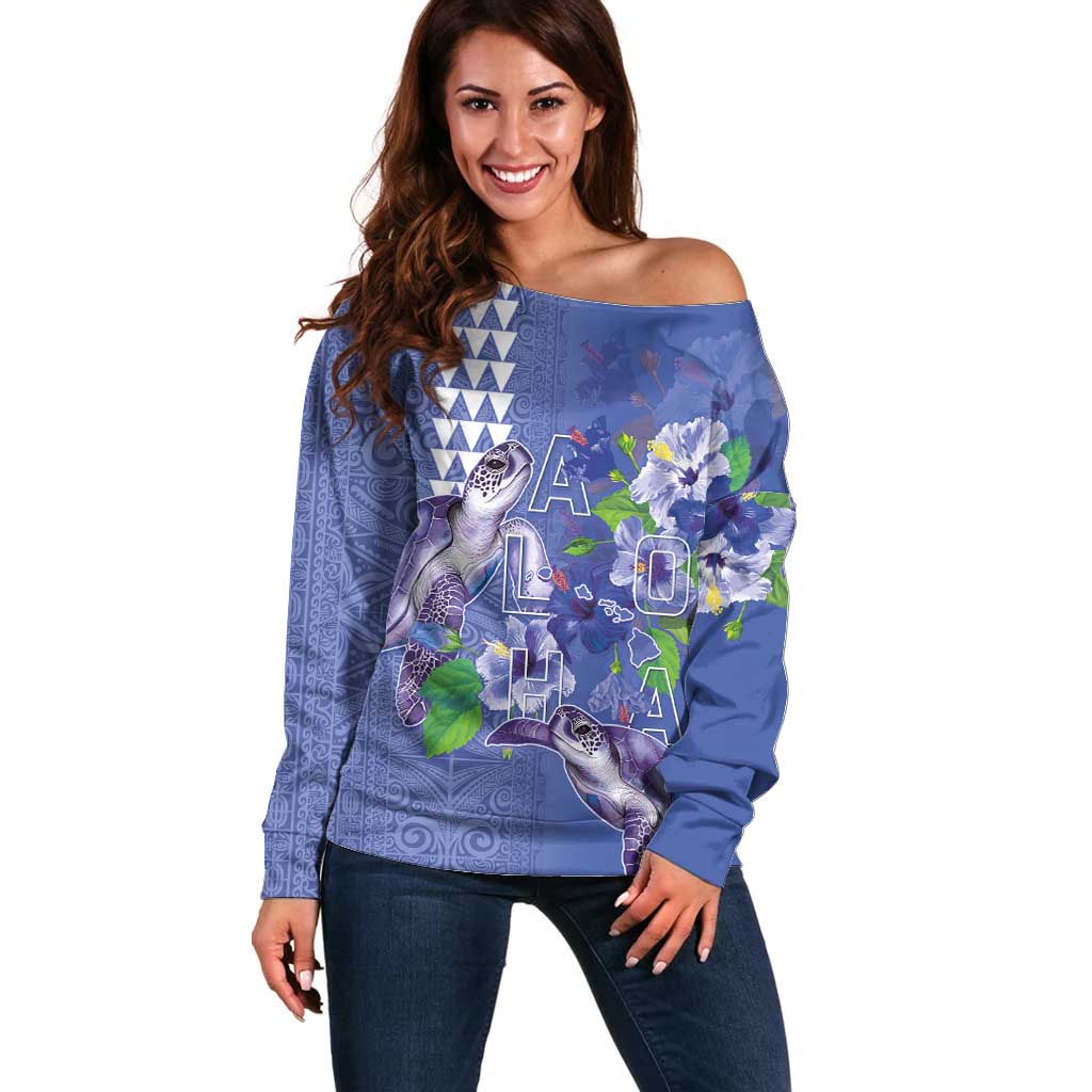 Hawaii Aloha Turtle Hibiscus and Leaves Off Shoulder Sweater with Polynesian and Kakau Tattoos Denim Color - Polynesian Pride