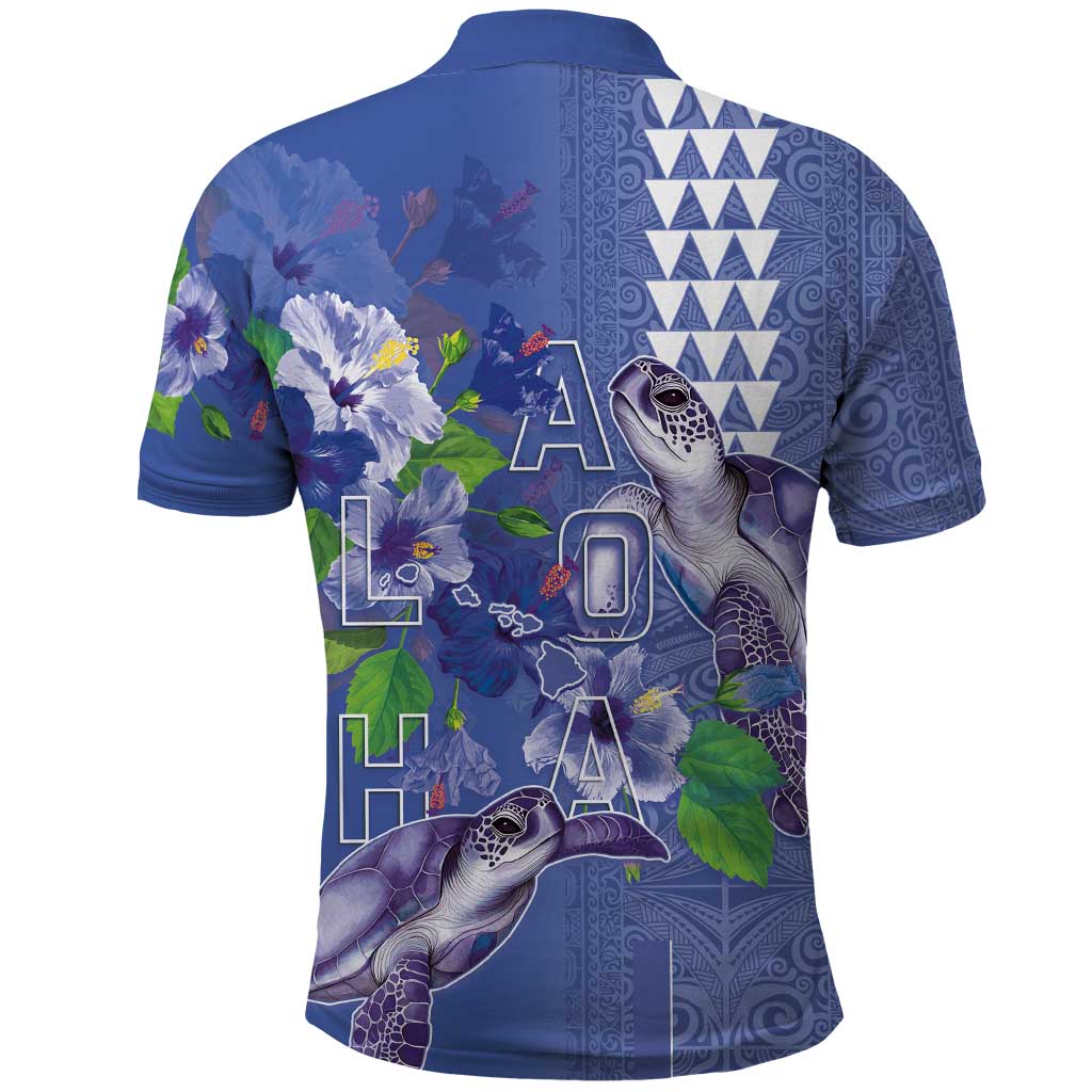 Hawaii Aloha Turtle Hibiscus and Leaves Polo Shirt with Polynesian and Kakau Tattoos Denim Color - Polynesian Pride