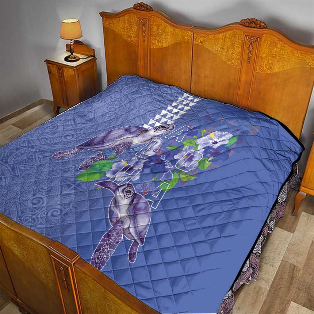 Hawaii Aloha Turtle Hibiscus and Leaves Quilt with Polynesian and Kakau Tattoos Denim Color - Polynesian Pride