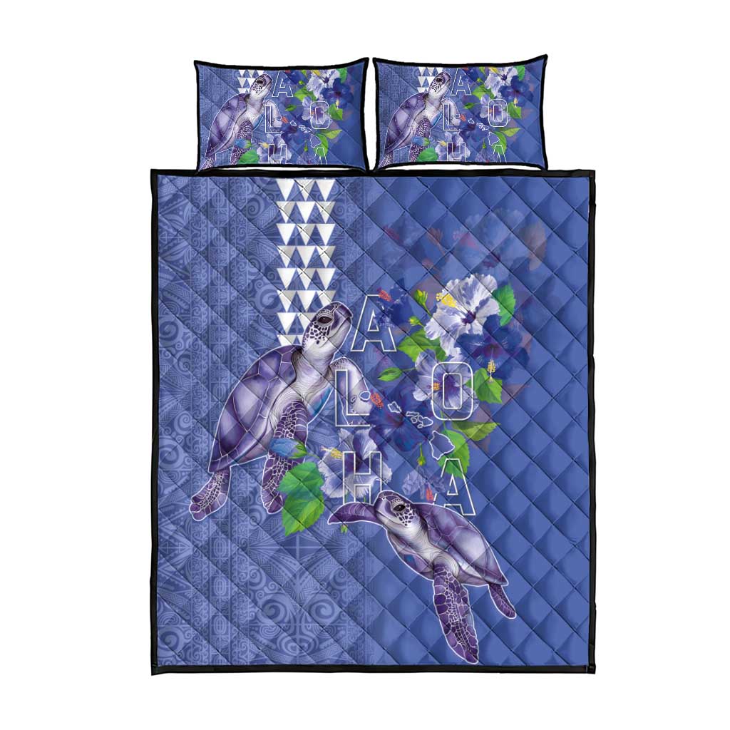 Hawaii Aloha Turtle Hibiscus and Leaves Quilt Bed Set with Polynesian and Kakau Tattoos Denim Color - Polynesian Pride