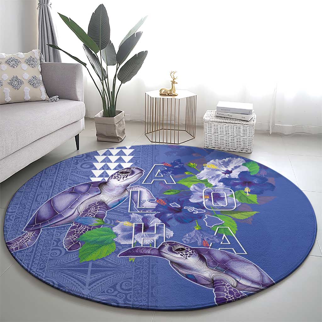 Hawaii Aloha Turtle Hibiscus and Leaves Round Carpet with Polynesian and Kakau Tattoos Denim Color - Polynesian Pride
