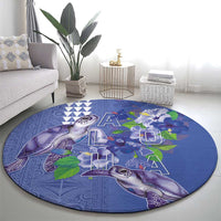 Hawaii Aloha Turtle Hibiscus and Leaves Round Carpet with Polynesian and Kakau Tattoos Denim Color - Polynesian Pride
