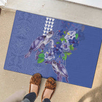 Hawaii Aloha Turtle Hibiscus and Leaves Rubber Doormat with Polynesian and Kakau Tattoos Denim Color - Polynesian Pride
