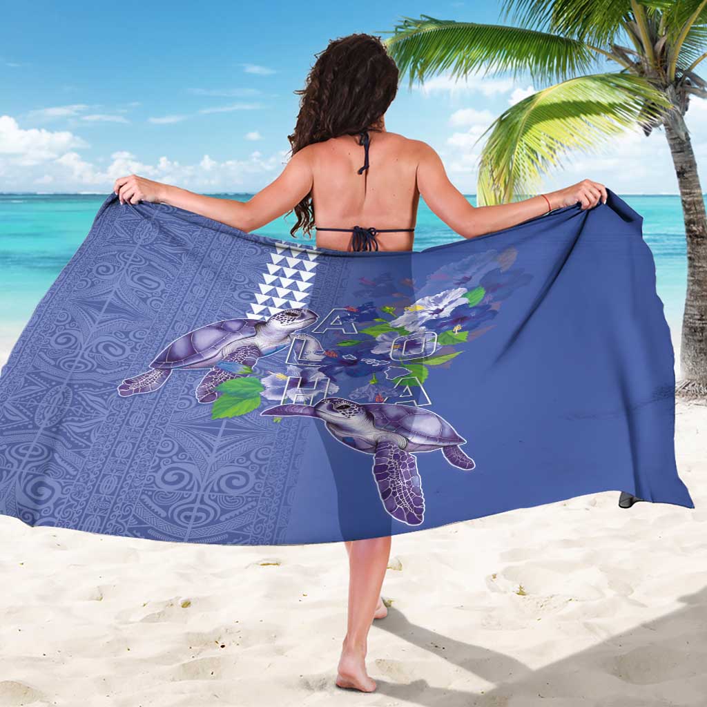 Hawaii Aloha Turtle Hibiscus and Leaves Sarong with Polynesian and Kakau Tattoos Denim Color - Polynesian Pride