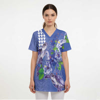 Hawaii Aloha Turtle Hibiscus and Leaves Scrub Top with Polynesian and Kakau Tattoos Denim Color - Polynesian Pride