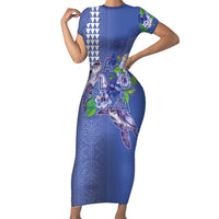 Hawaii Aloha Turtle Hibiscus and Leaves Short Sleeve Bodycon Dress with Polynesian and Kakau Tattoos Denim Color - Polynesian Pride