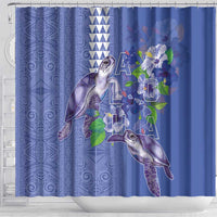Hawaii Aloha Turtle Hibiscus and Leaves Shower Curtain with Polynesian and Kakau Tattoos Denim Color - Polynesian Pride