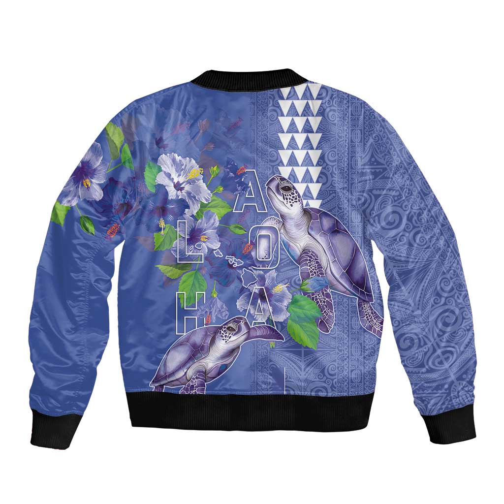 Hawaii Aloha Turtle Hibiscus and Leaves Sleeve Zip Bomber Jacket with Polynesian and Kakau Tattoos Denim Color - Polynesian Pride