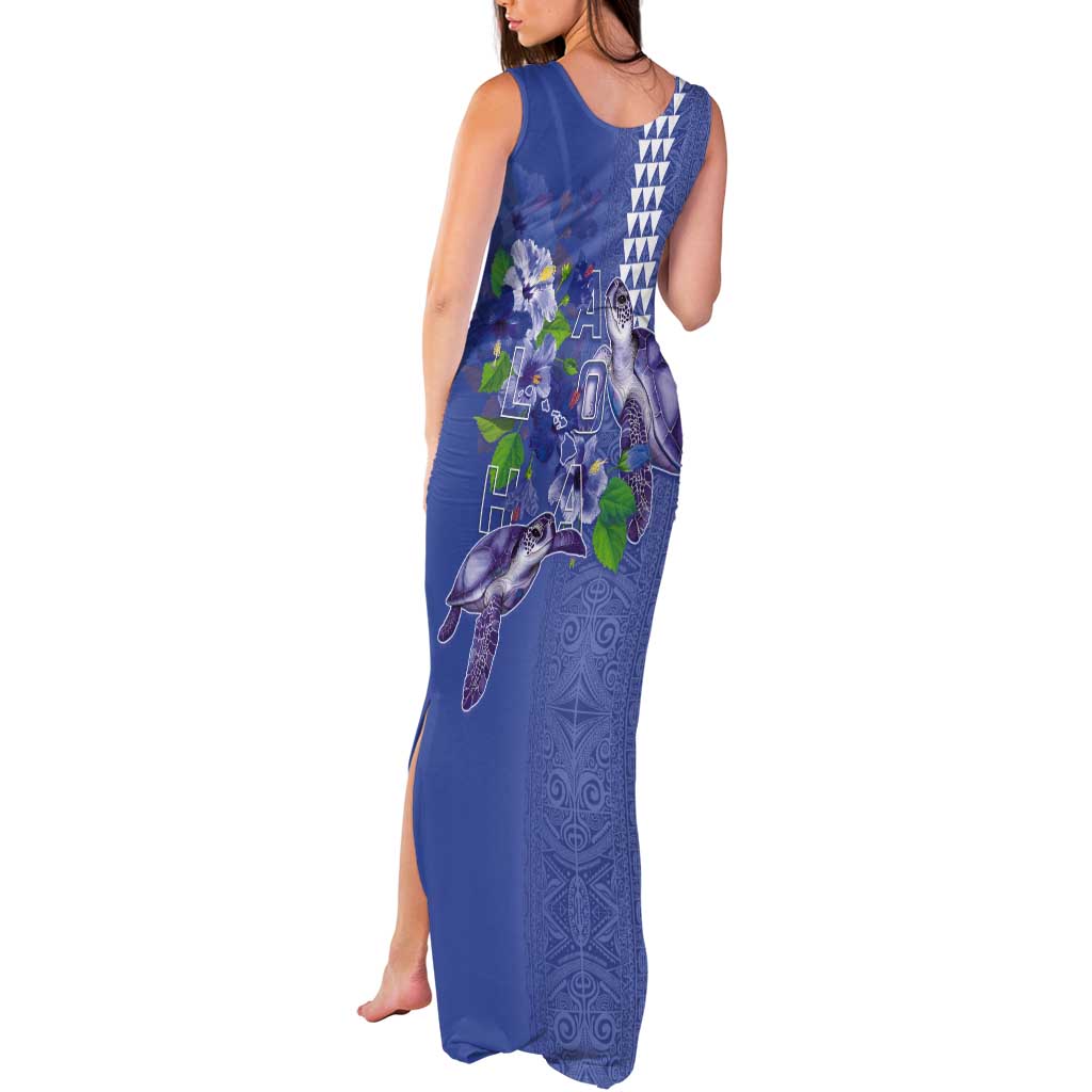 Hawaii Aloha Turtle Hibiscus and Leaves Tank Maxi Dress with Polynesian and Kakau Tattoos Denim Color - Polynesian Pride