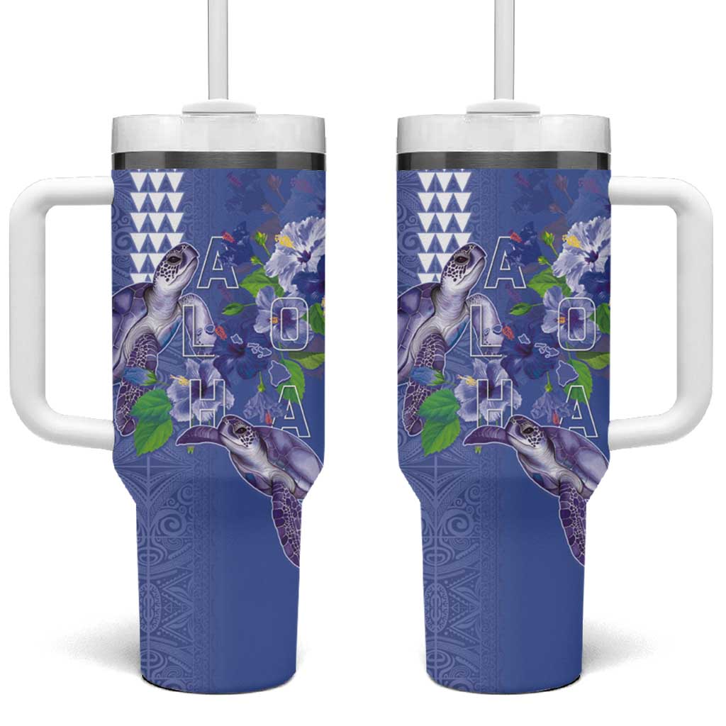 Hawaii Aloha Turtle Hibiscus and Leaves Tumbler With Handle with Polynesian and Kakau Tattoos Denim Color - Polynesian Pride