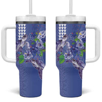 Hawaii Aloha Turtle Hibiscus and Leaves Tumbler With Handle with Polynesian and Kakau Tattoos Denim Color - Polynesian Pride