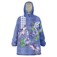 Hawaii Aloha Turtle Hibiscus and Leaves Wearable Blanket Hoodie with Polynesian and Kakau Tattoos Denim Color - Polynesian Pride