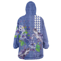 Hawaii Aloha Turtle Hibiscus and Leaves Wearable Blanket Hoodie with Polynesian and Kakau Tattoos Denim Color - Polynesian Pride