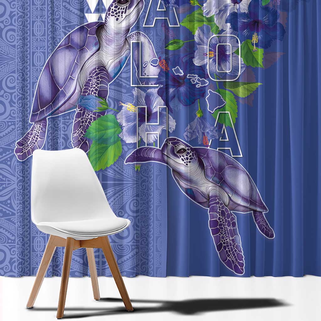 Hawaii Aloha Turtle Hibiscus and Leaves Window Curtain with Polynesian and Kakau Tattoos Denim Color - Polynesian Pride