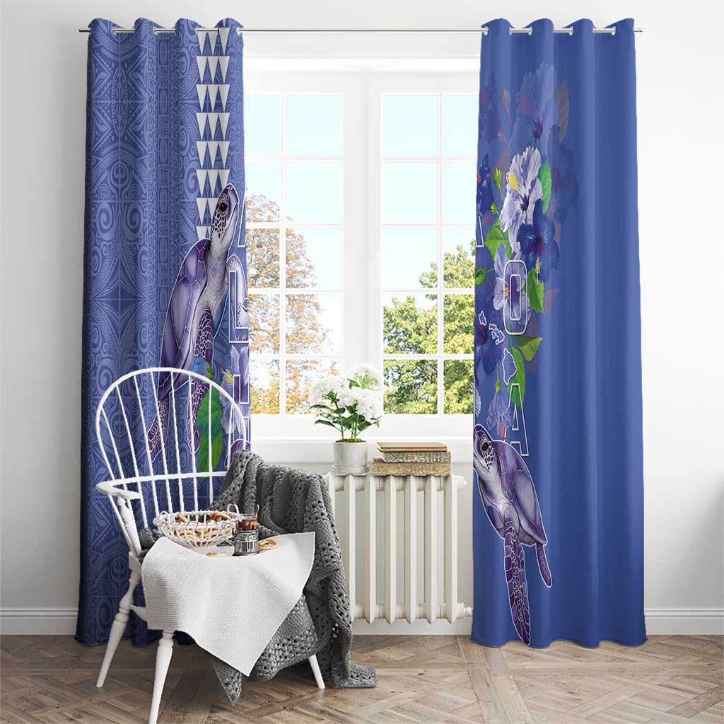 Hawaii Aloha Turtle Hibiscus and Leaves Window Curtain with Polynesian and Kakau Tattoos Denim Color - Polynesian Pride