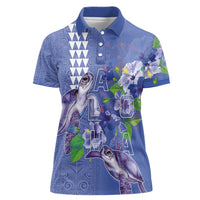 Hawaii Aloha Turtle Hibiscus and Leaves Women Polo Shirt with Polynesian and Kakau Tattoos Denim Color - Polynesian Pride
